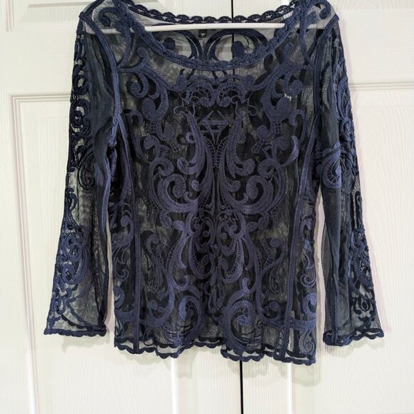 Express Women's Blue Mesh Embroidered Blouse, Size Small - Picture 2 of 12